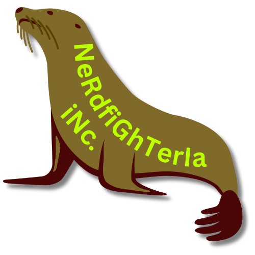 A brown and dark red seal with NeRdfiGhTerIa INc. branded on it in bright green.